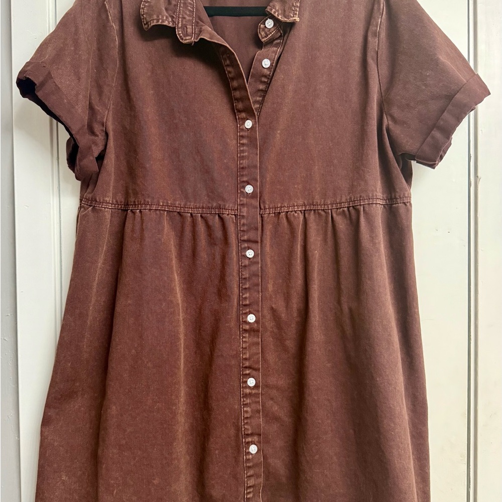 Brown Denim Short Sleeve Button-Up Dress